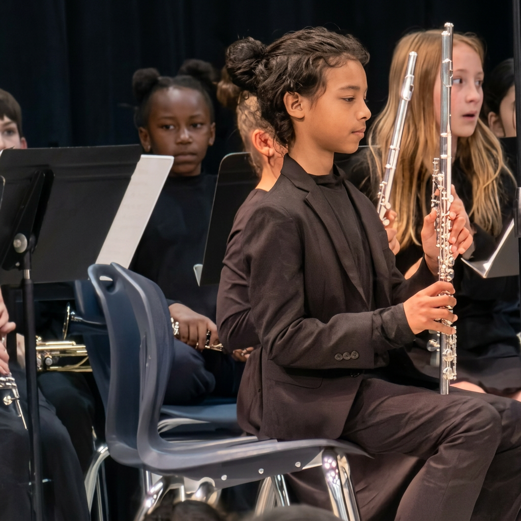Lincoln in concert black playing flute on stage