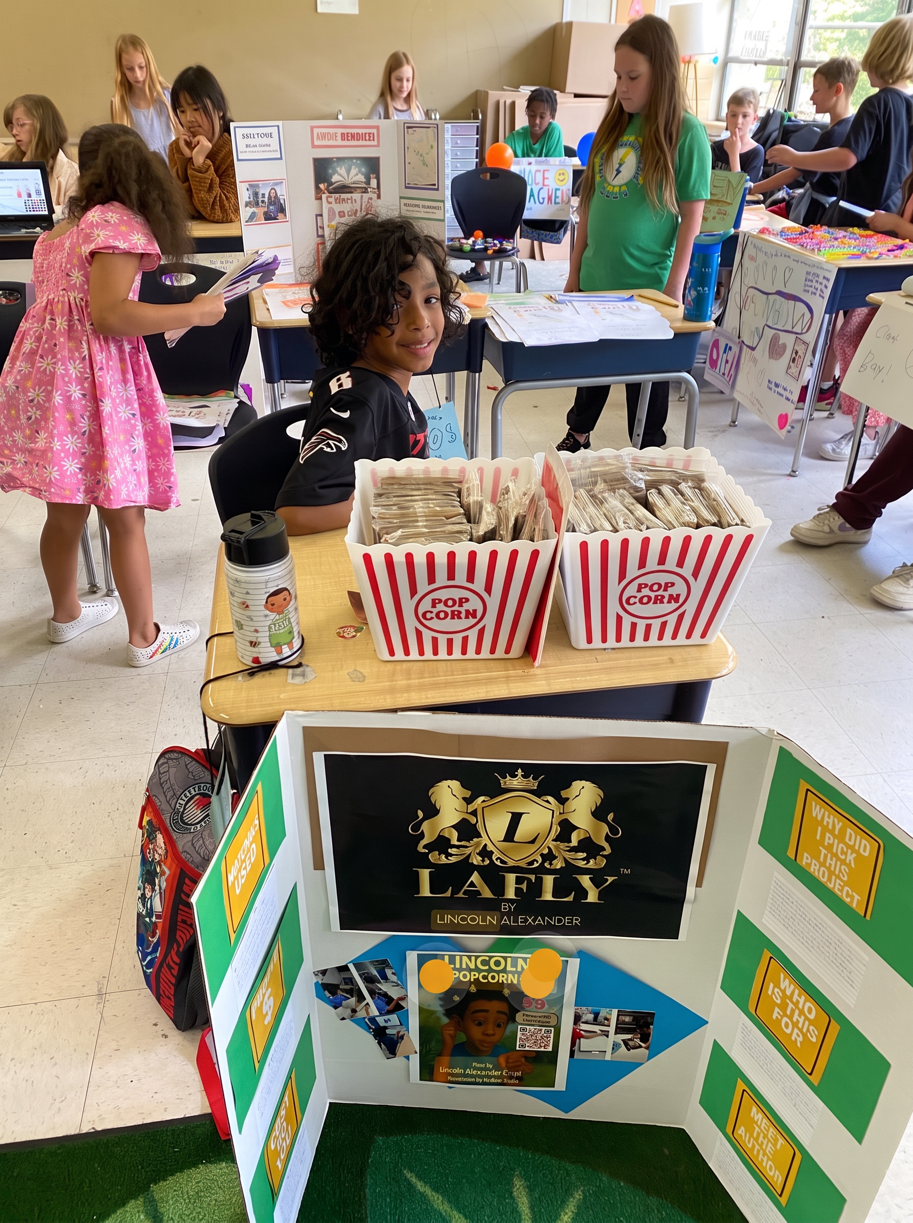 Lincoln at his market day booth selling Lincoln and the Popcorn Seed